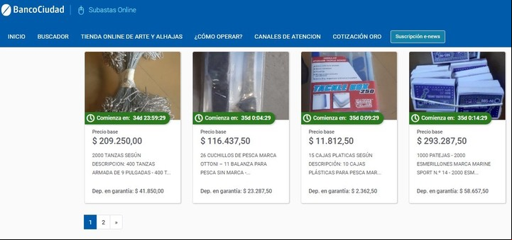 Banco Ciudad y ARCA subastan artículos variados para la pesca. Foto: Captura web Banco Ciudad.