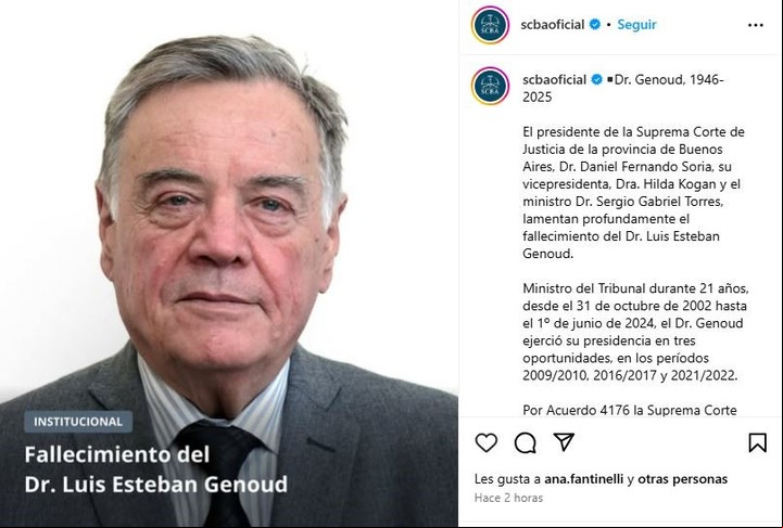 Murió el exjuez de la Suprema Corte de Justicia bonaerense Luis Genoud.