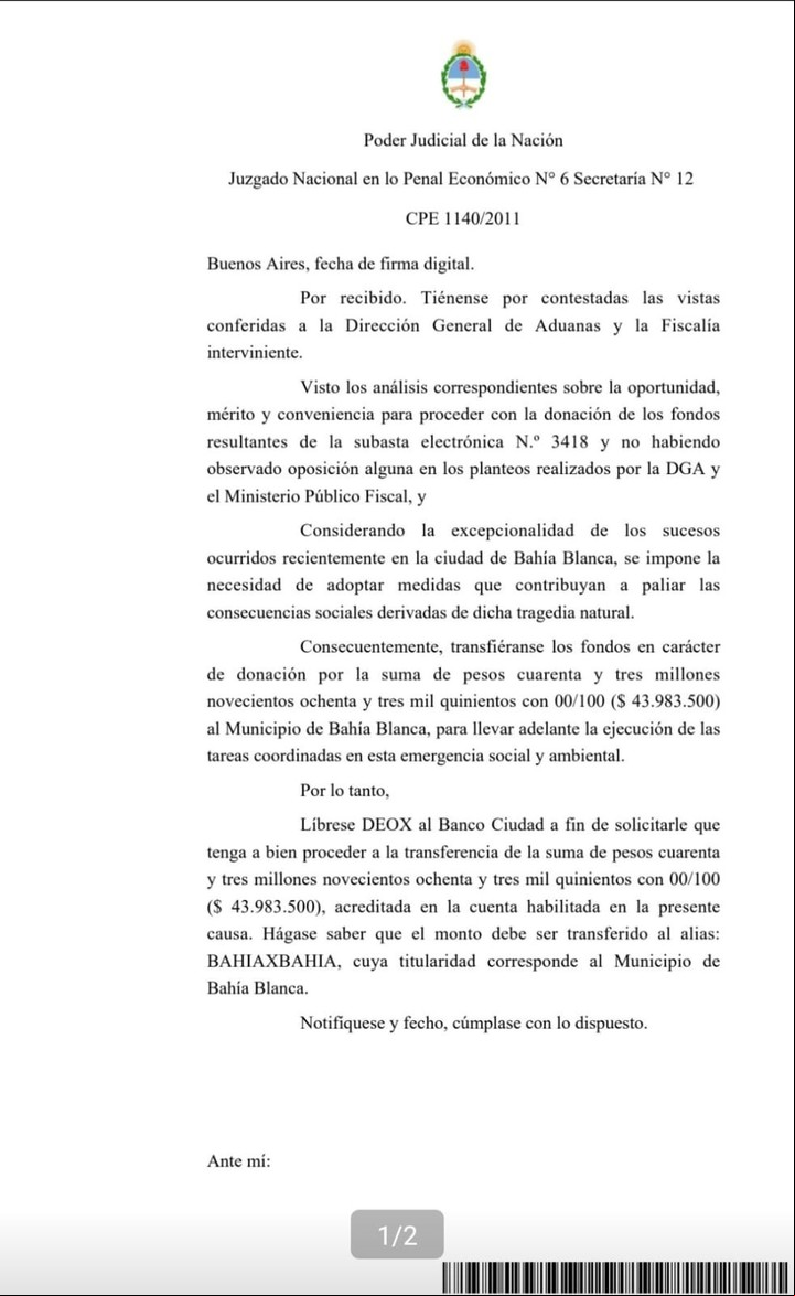 Notificación que avalaba la transferencia de los 44 millones de pesos al municipio de Bahía Blanca.