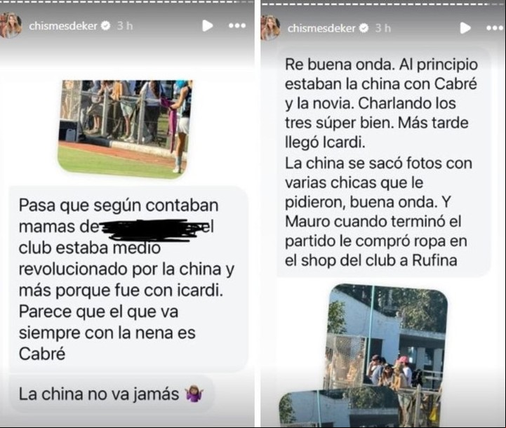 La internauta brindó detalles sobre el encuentro entre la China Suárez y Mauro Icardi con Nicolás Cabré en el partido de hockey que jugó Rufina.