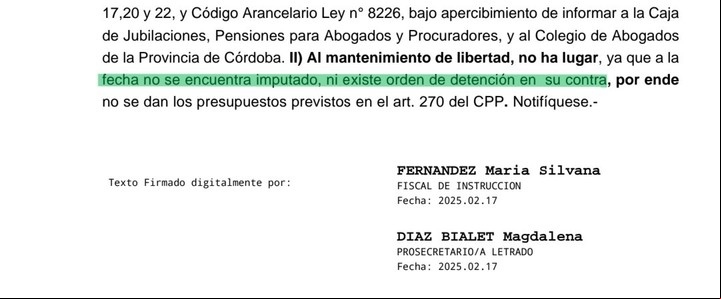 El escrito que le devolvió la Fiscalia a Tissera antes de librar el pedido de detención que no le comunicó a su abogado.