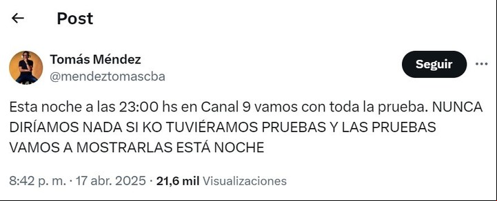 Tomás Méndez le respondió a Florencia Peña tras vincularla con la denuncia de Viviana Canosa a través de X (antes Twitter).