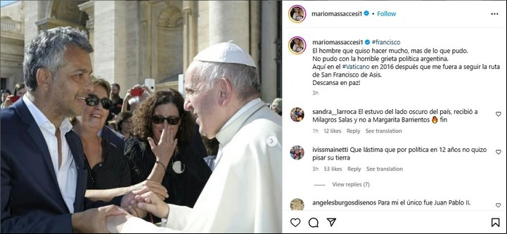Mario Massaccesi recordó su encuentro con el papa Francisco. Foto: Instagram