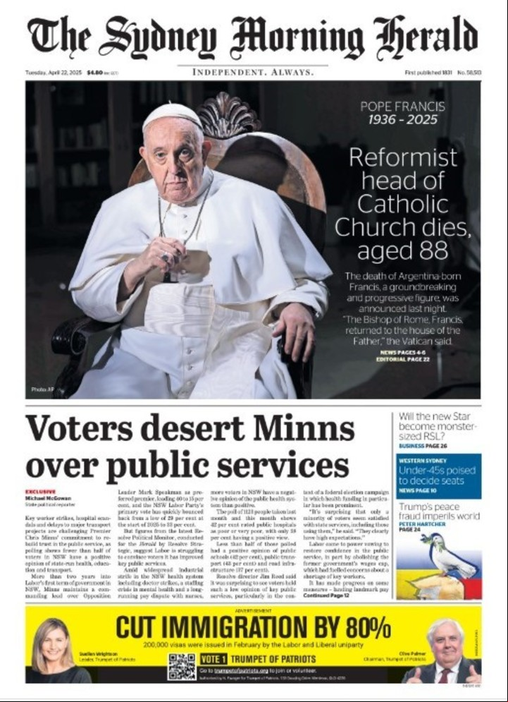 "Murió el jefe de la Iglesia reformista", el título de uno de los principales diarios australianos
