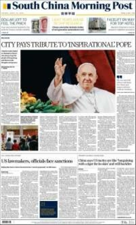 Tapa del periódico chino South China Morning Post el 22 de abril de 2025.