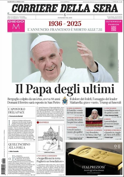 Corriere della Sera del 22 de mayo. Es el periódico de mayor circulación en Italia.