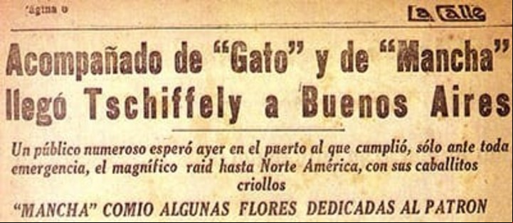 Un titulo en la prensa de Buenos Aires, en 1928, sobre el regreso al país del profesor suizo y sus dos caballos.