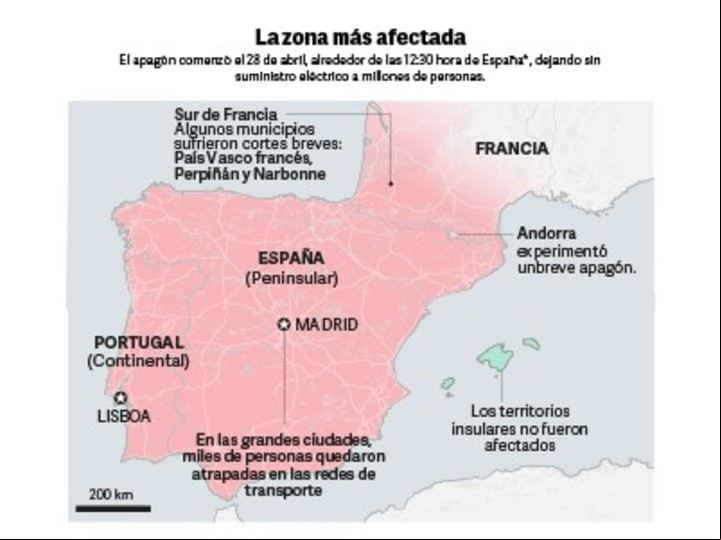 Francia, Portugal y parte de Francia sufrieron un masivo apagón. Infografía Clarín