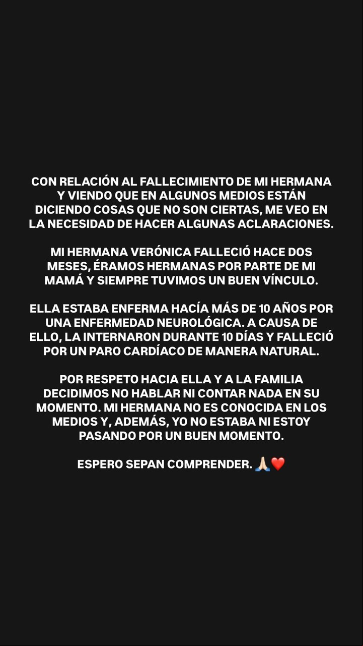 Jésica Cirio rompió el silencio tras la muerte de su hermana y reveló de qué falleció. Foto: Instagram