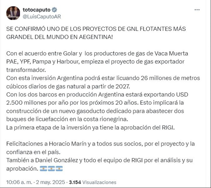 Tuit del ministro de Economía, Luis Caputo, celebrando el proyecto.