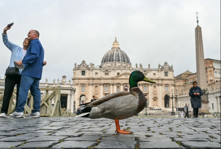 Turistas posan para una foto en la Plaza de San Pedro con la Basílica de San Pedro al fondo en el Vaticano, mientras se espera el inicio del cónclave. Foto: Alberto PIZZOLI / AFP