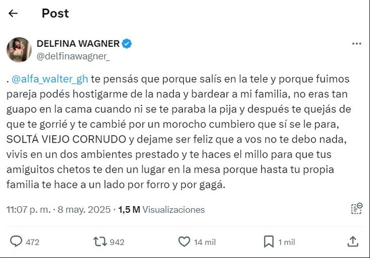 Delfina Wagner, la expareja de Walter "Alfa" Santiago apuntó contra el exparticipante de Gran Hermano en redes sociales.