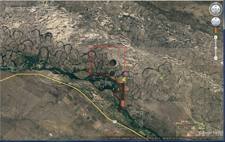 Imágen satelital de la zona bajo riego, en la margen norte del Río Negro.
