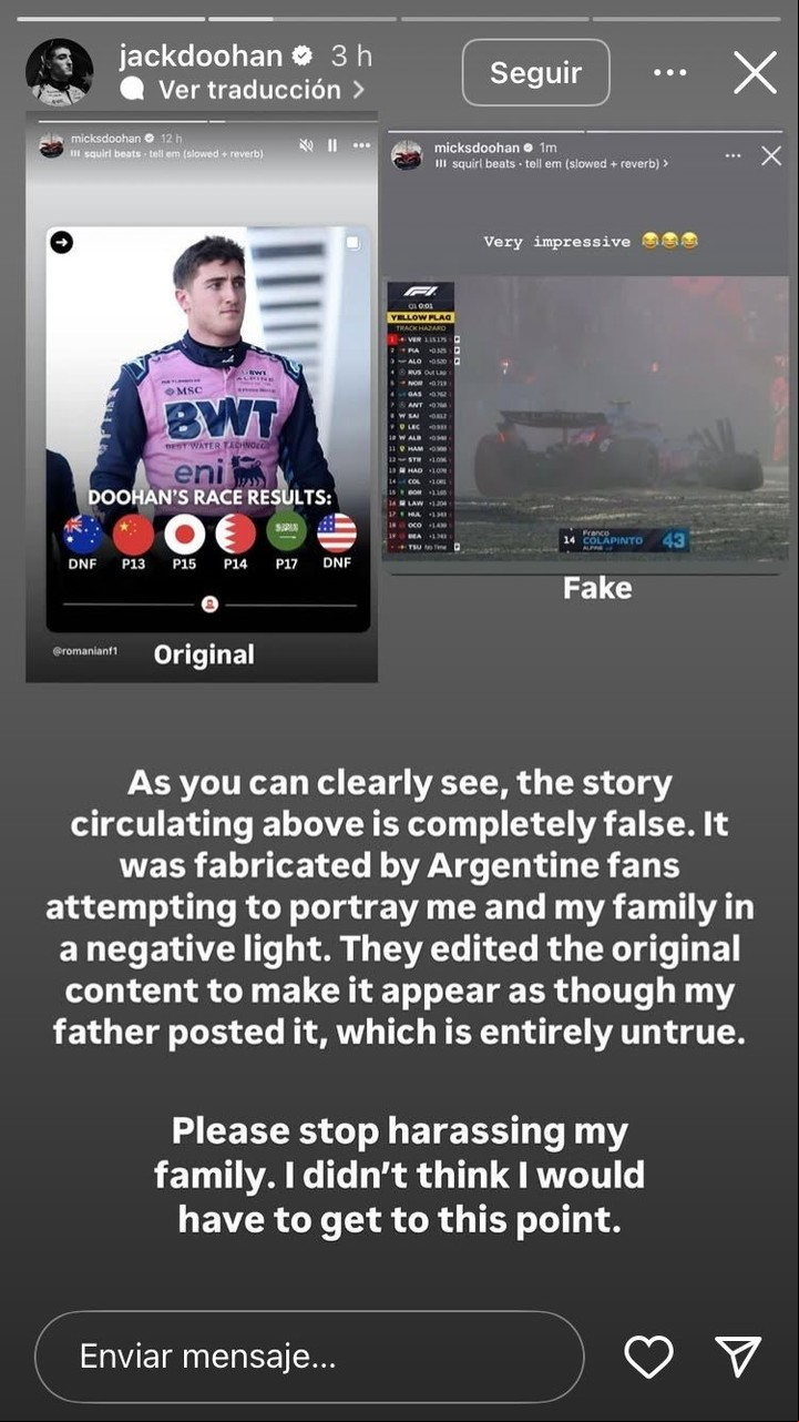 "Por favor dejen de acosar a mi familia, no pensé que tendría que llegar al punto de hacer esto" pidió Doohan. Foto Instagram @doohanok