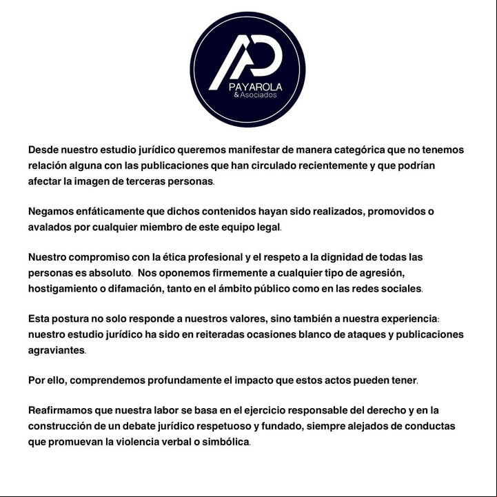 El comunicado del estudio de abogados de Nicolás Payarola. Foto: Instagram